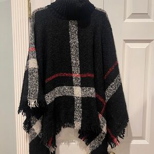 Poncho Holiday Size M/L Plaid Black with Red and Cream Turtleneck